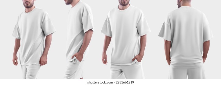White  mockup oversize t-shirt on a man. Template isolated on white background. Set