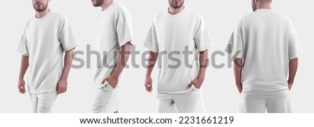 White  mockup oversize t-shirt on a man. Template isolated on white background. Set