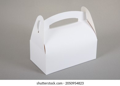 White Mockup Small Blank Paper Pastry Candy Box With Handle In Grey Background