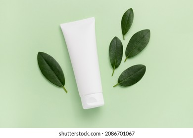 White Mockup Tube Of Face Cream Or Lotion With Fresh Green Leaves Top View On Light Green Background, Skin Care Cosmetics