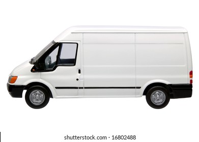 White model van, side view with blank panels to add your own branding, isolated on a white background with clipping path provided.