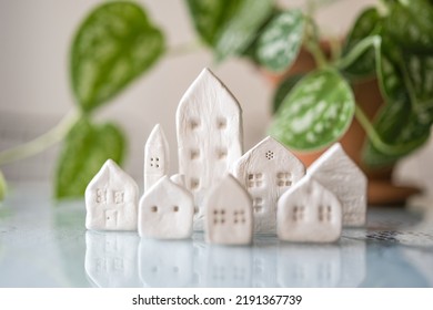White Modelling Clay Houses Shaped On Table, In The Form Of A Clay House, Tiny Shaped Houses, Hand Shaped Dough Village