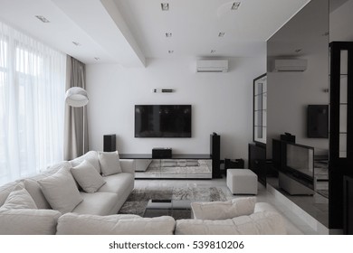 Table With Background Living Room With Television Stock