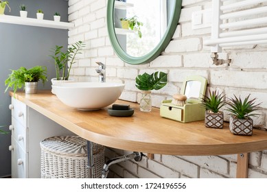 White modern bathroom. Bright room. Modern interior. Green plants on wooden counter and bathroom sink.