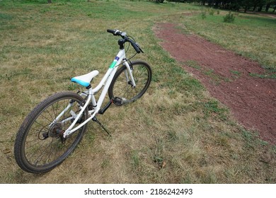 White Modern Bicycle Against Summer Meadow Background. Summer Park. Bicycle In The Woods On The Lawn. Paved Bike Path