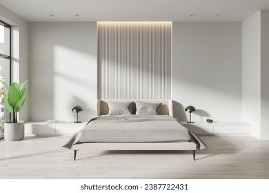 White modern hotel bedroom interior with bed, drawer with decoration and plant on hardwood floor. Relaxing space with panoramic window on tropics. 3D rendering
