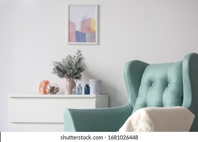  White modern living room. Scandinavian interior design. Stylish white room  with blue armchair and bright. Scandinavian living room. Christmas living room. - Shutterstock ID 1681026448