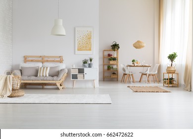 White, Modern Open Space With Wooden Furniture Set