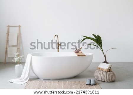 White modern tub in minimalistics bathroom interior. Porcelain bathtub with classic design in comfortable apartment or hotel room. Home decor and houseplant in spa centre