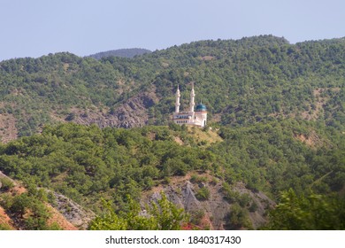 a white mosque in the forest
