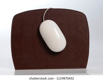 White Mouse On Brown Leather Mouse Pad