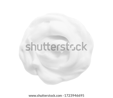 White mousse swirl. Shampoo, cleanser thick creamy lather texture. Whipped cosmetic cleansing shaving gel blob swatch isolated on white background 