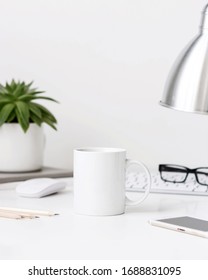 White Mug Mockup On Home Office Table