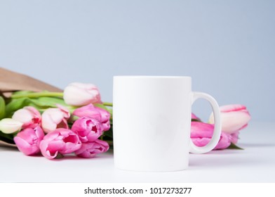 White Mug Mockup With Pink Tulips For Spring