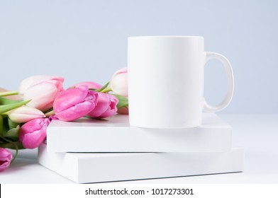 White Mug Mockup With Pink Tulips For Spring