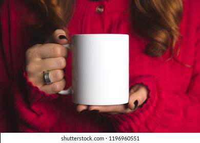 white mug mockup , red jacket - Shutterstock ID 1196960551
