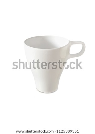 White mug with narrow bottom for coffee on white background