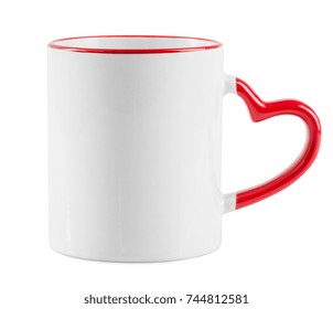 White Mug With Red Heart Shaped Handle On A White Background. White Cup Isolated On A White Bachground.