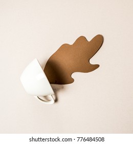 White Mug With Spilled Paper Coffee. Space For Text, Top View