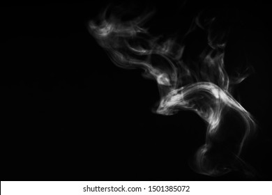 White Natural Steam Smoke Effect On Solid Black Background With Abstract Blur Motion Wave Swirl Use For Overlay In Pollution, Vapor Cigarette, Gas, Dry Ice, Warm Hot Food, Boil Water Smoke Concepts