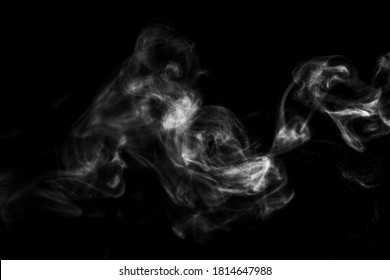 White Natural Steam Smoke Effect On Solid Black Background With Abstract Blur Motion Wave Swirl Use For Overlay In Pollution, Vapor Cigarette, Gas, Dry Ice, Hot Food, Boil Water 