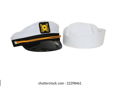 White Nautical Hat With Black Brim And Yellow Braids And Sailor Cap