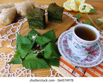 White nettle pumpkin cake with cinnamon. Wild plants recipes, healthy food with dead-nettle