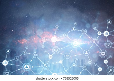 White network hologram in front of a night city sky. A dark blue background. Concept of the future and new technologies. Toned image double exposure - Powered by Shutterstock