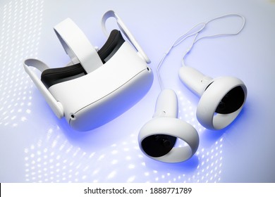 White new generation VR headset isolated on white background. Oculus Quest 2 virtual reality headset Amsterdam, the Netherlands 2021.01.01  