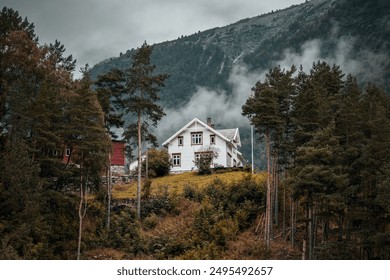 A white Norwegian house nestled between fjords and mountains in Dyrdal Ferjekai village in Norway - Powered by Shutterstock