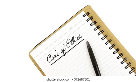 White Note Book With Text CODE OF ETHICS Isolated On White Background