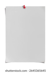 white note paper texture with curled corner, pinned red push button, ready for your message. Front view. white poster mockup on wall. empty paper mockup png, clipping path