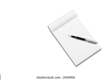 White notebook with stylish pen, isolated on white background.