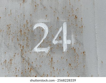 White number 24 on aged gray background. Twenty four on textured rusty surface 