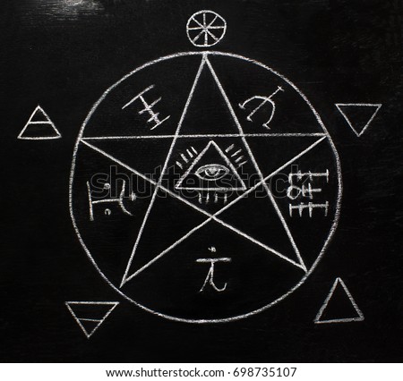 White occult pentagram symbol on the witchcraft blackboard photo.