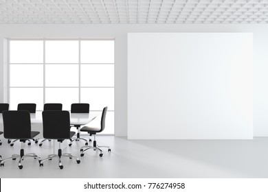 White office and blank banner in interior with large window. 3D Rendering. - Shutterstock ID 776274958
