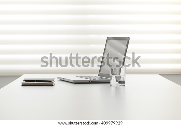 White Office Desk Note Pad Laptop Stock Photo (Edit Now) 409979929