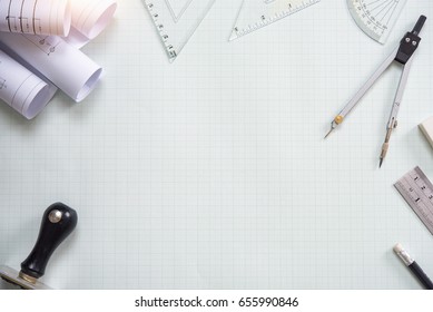 White Office Desk Table With Of Architect, Top View With Copy Space