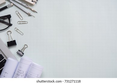 White Office Desk Table With Of Architect, Top View With Copy Space