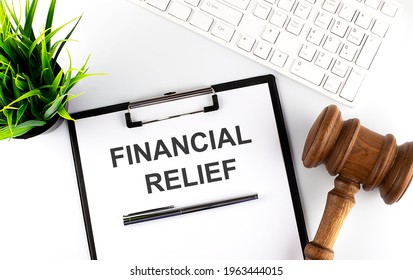 White Office Desk Table With Blank Sheet With Text Financial Relief , Keyboard And Gavel,