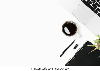 White Office Desk Table With A Lot Of Things On It. Top View With Copy Space, Flat Lay.