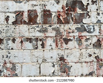 White Old Brittle Paint Flaking Exposed Brick Wall, Industrial Brickwork  