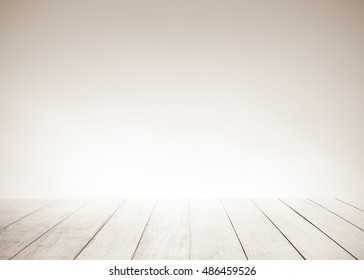 White Old Wood Floor With Blurred Brown Sepia Tone Background. Wooden Planks Stage Texture And Blur Flare Sunlight. Abstract Medical Backdrop. Focus To Table Top In The Foreground.