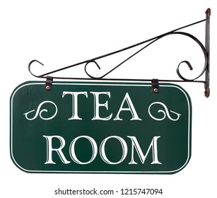 White On Green TEA ROOM Sign Attached To Metal Bracket. Isolated.