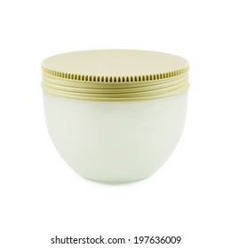 White Opaque Glass Jar For Cream With Green Circular Cap On White Background 