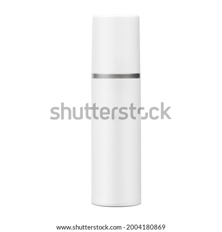 White opaque plastic packaging. A container with a closed cap and a dispenser for cosmetics. A clean template isolated on a white background.