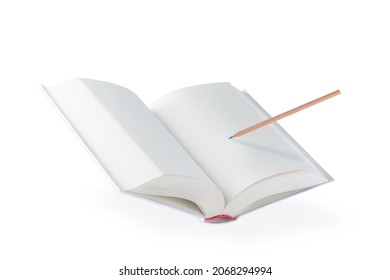 White open book. A blank white book floats in the air, casting a shadow over an isolated white background. Blank pages of a book. Flying or hovering pencil draws on a blank page.
