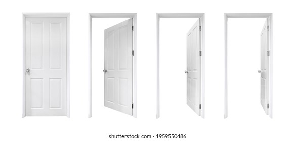 white open and closed doors with doorframe isolated on white background