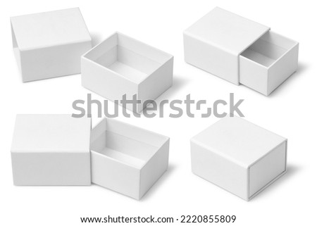 White open and closed drawer paper box on white background.