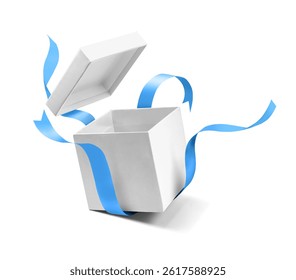 White open empty gift box with flying lid and blue ribbon isolated on a white background.